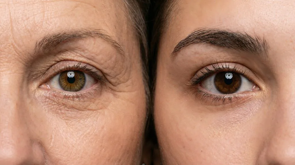 Metade da face de uma mulher madura e de uma mulher jovem, lado a lado