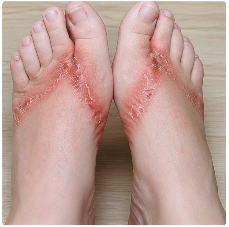 dois pés contendo exemplo de dermatite de contato alérgica