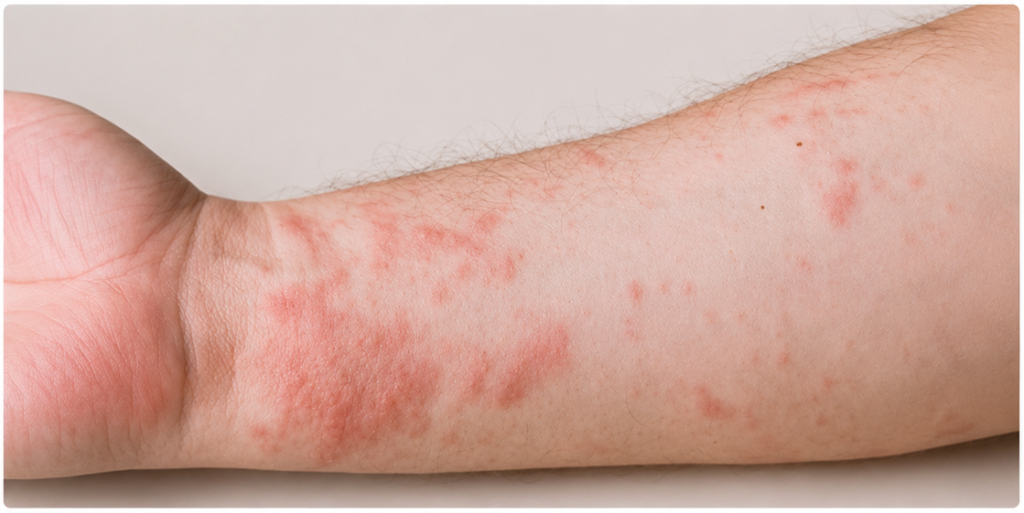 exemplo de dermatite de contato irritativa, uma das causas de coceira (prurido)