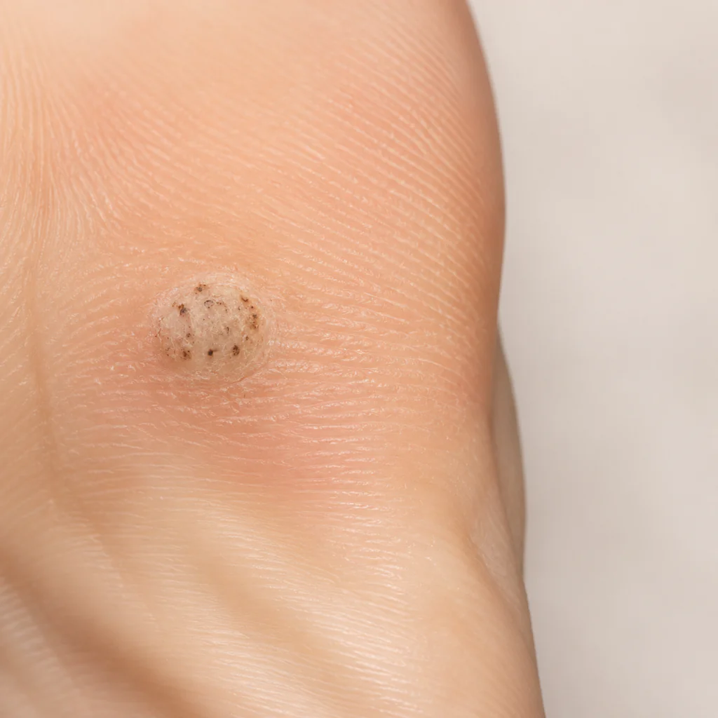 pé contendo verruga viral plantar, popularmente chamada de olho de peixe
