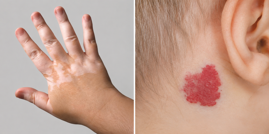 Foto contendo exemplos de vitiligo e hemangioma infantil, duas doenças típicas da infância atendidas na dermatologia pediátrica
