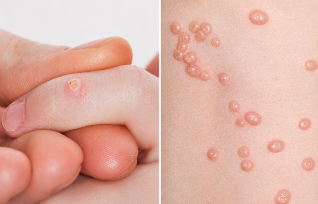 Fotos de lesões de molusco contagioso e de verrugas virais, condições comuns na dermatologia pediátrica e infantil