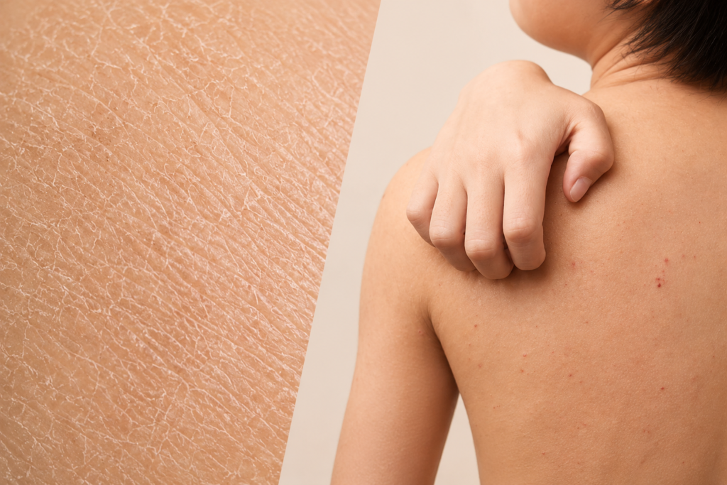 Imagem demonstrando uma criança com pele seca e coceira - sinais da dermatite atópica, uma das doenças mais comuns dentro da dermatologia pediátrica