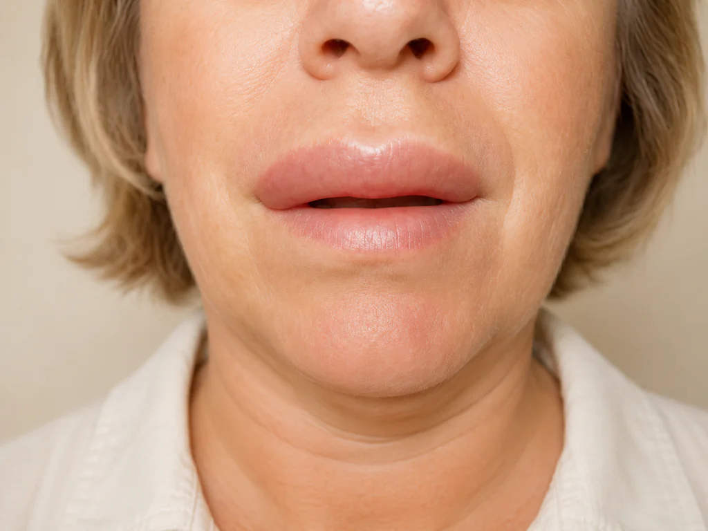mulher com angioedema da urticaria