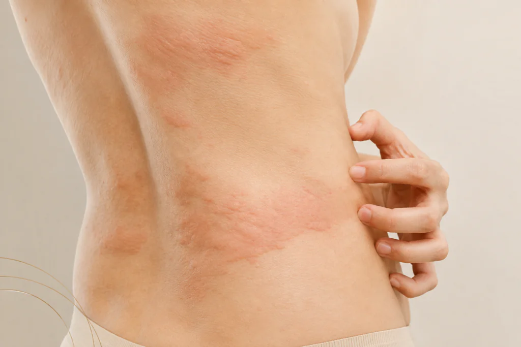 mulher com placas de urticaria nas costas
