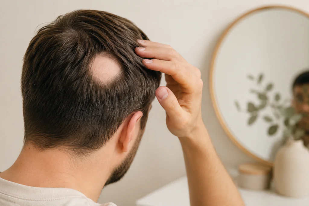 imagem contendo um homem com alopecia areata no cabelo