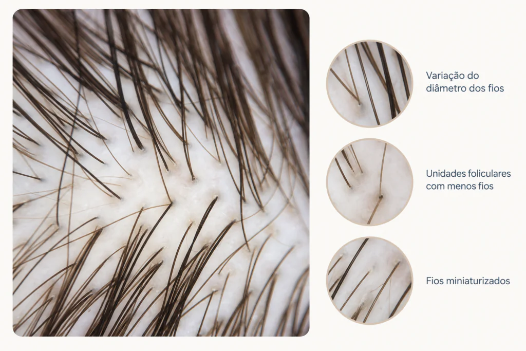 Imagem contendo os achados dermatoscópicos e tricoscópicos da calvície feminina