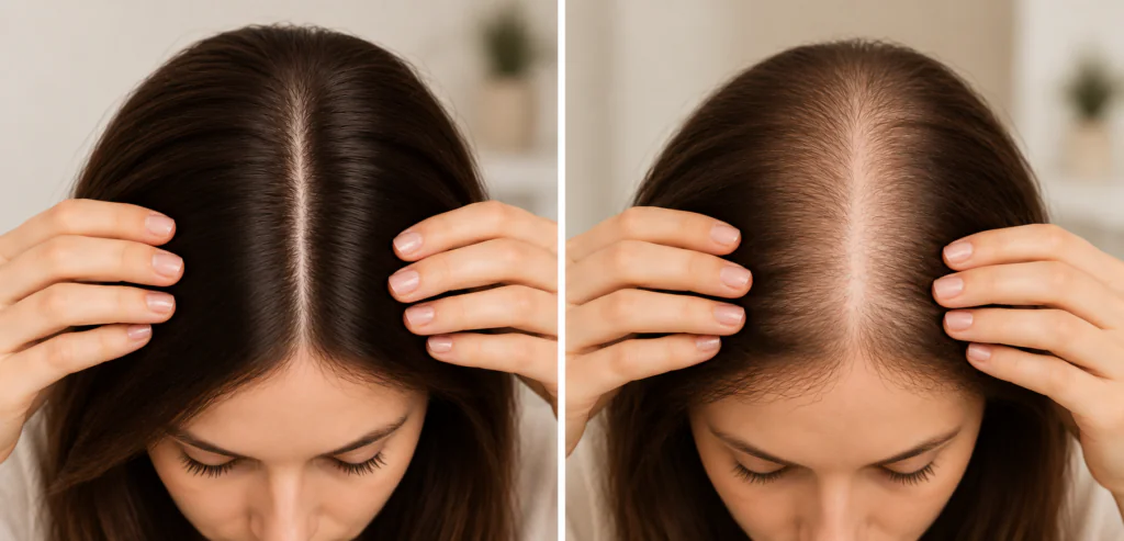 imagem demonstrando o alargamento da risca do cabelo presente na calvície feminina