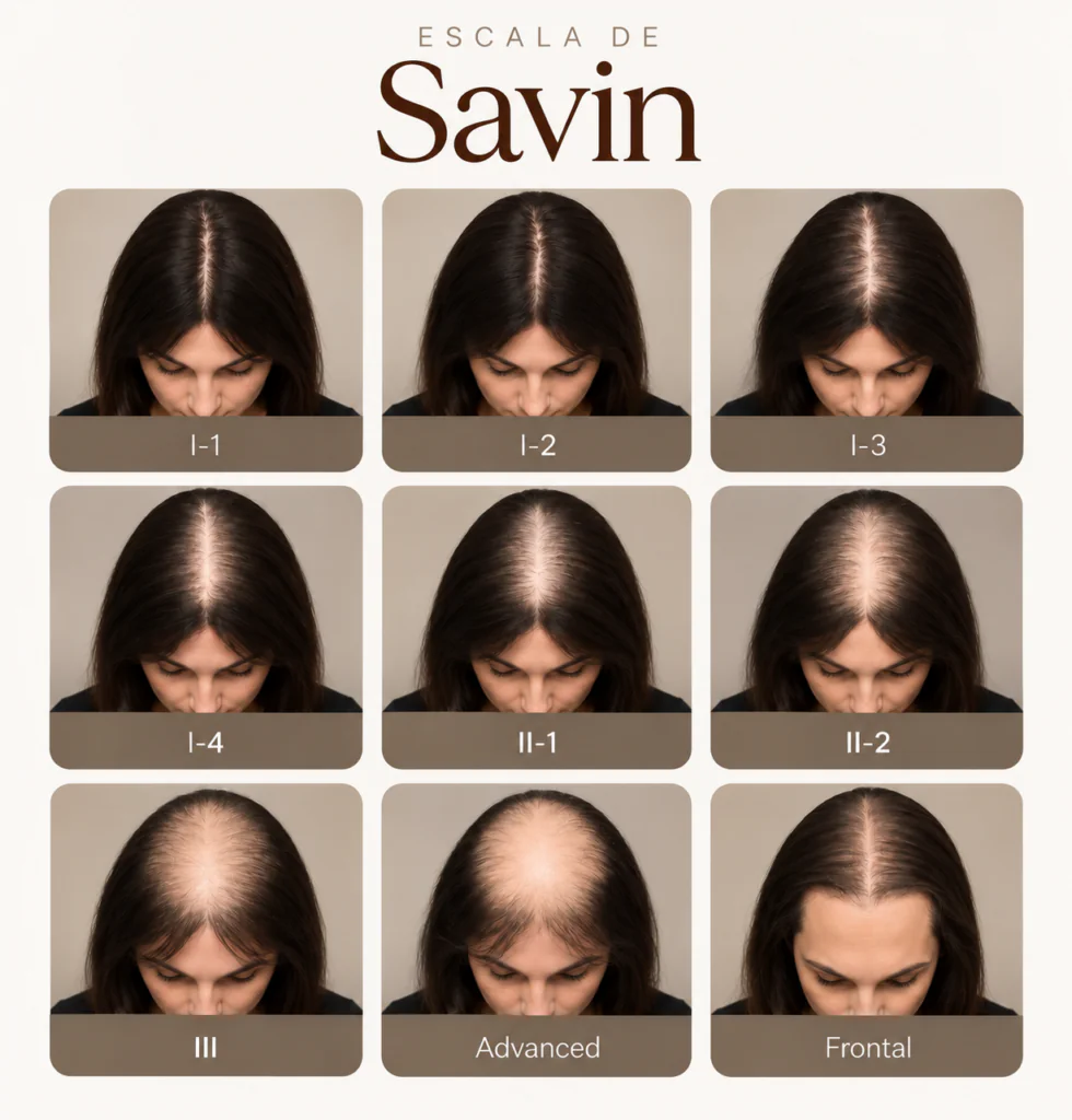 imagem monstrando os diferentes níveis de calvície feminina da escala de Savin